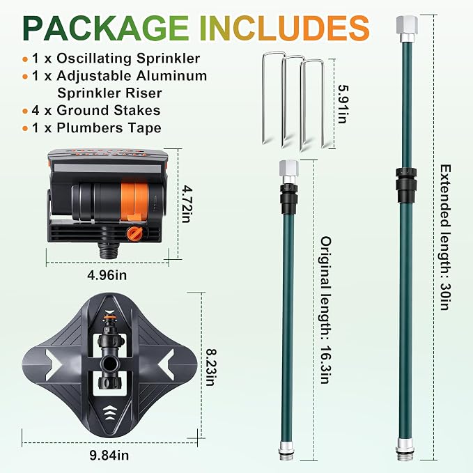 Oscillating Sprinkler with Adjustable Aluminum Riser, 4 Way Lawn Sprinklers for Yard and Garden, 16 Nozzles, Cover up to 4.069 sq. ft Ideal for Watering Different Heights(Triangular)