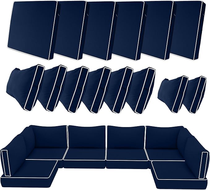 14 Piece Outdoor Patio Cushion Covers Replacement, Waterproof Outdoor Furniture Cushion Covers, Fit 7 Pcs 6 Seater Wicker Rattan Conversation Sofa Set, Navy Blue+White Piping(Only Cover) 25.6x25.6"