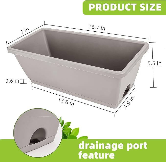 LOCONHA Window Box Planter, 7 Pack Plastic Vegetable Flower Planters Boxes 17 Inches Rectangular Flower Pots with Saucers for Indoor Outdoor Garden, Patio, Home Decor