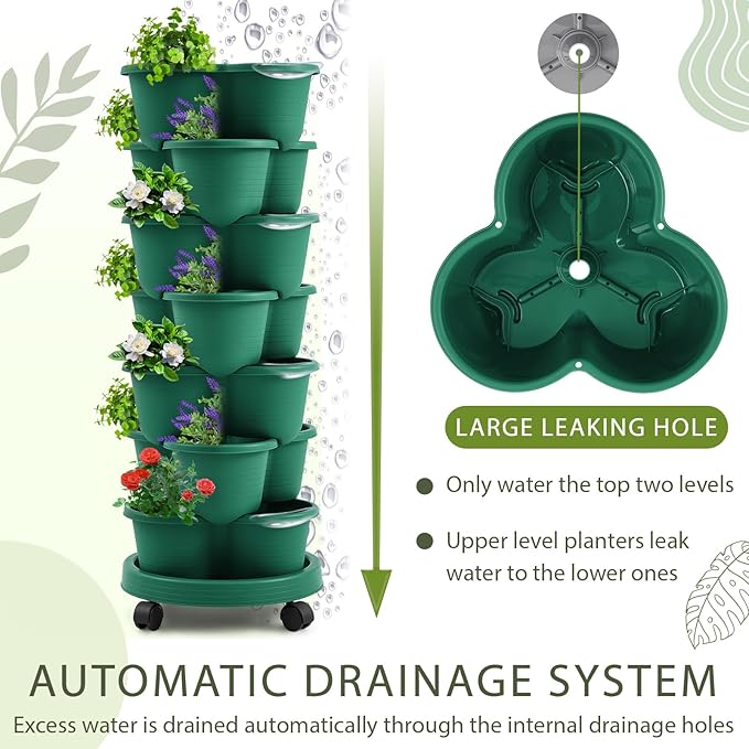 Umigy 1 Set Green 7 Tier Stackable Vertical Planters with Removable Wheels and Tools Tower Planters Strawberry Herb Flower Vegetable Pots Indoor Outdoor Gardening Pots