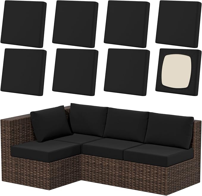 8Pcs Patio Stretch Cushion Covers, Outdoor Couch & Sofa Replacement Slipcovers for Patio Furniture Cushion Covers, Washable Reusable Furniture Protector, Square Large, Black