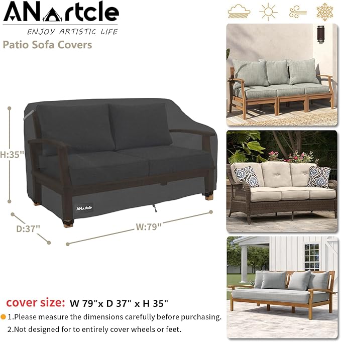 ANartcle 3-Seater Patio Sofa Cover,79W x 37D x 35H Inches Outdoor Couch Cover,100% Waterproof Heavy Duty Patio Sofa Covers,Patio Furniture Covers,Black