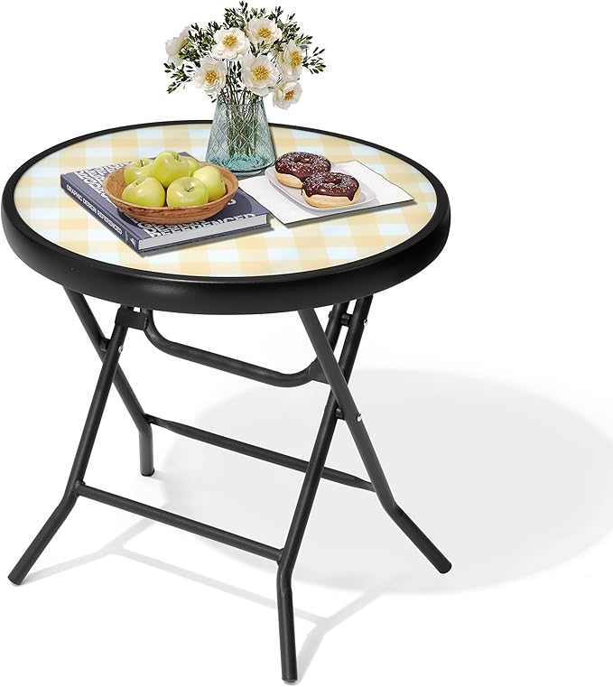 Foldable Side Table with Tempered Glass Top 18" Outdoor Folding Side Tables Small Glass Patio Table for Porch Yard Balcony Deck Lawn Dining Garden (Yellow)