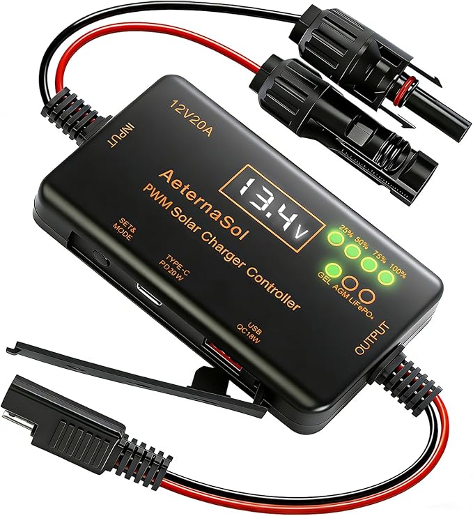 Solar Charge Controller 12V 20A, Solar Panel Charge Controller with Type-C and USB Output for Solar Panel and Gel, AGM, LiFePO₄ Battery (20A PWM)