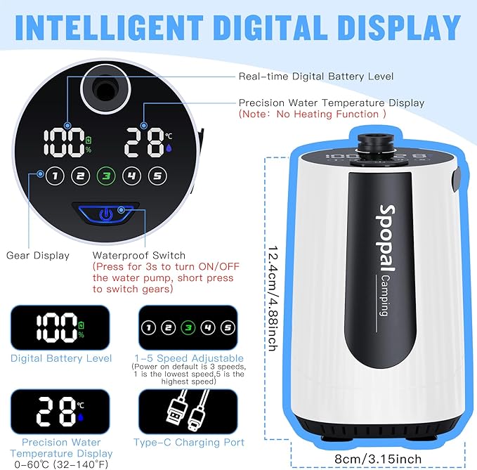 Spopal Portable Shower for Camping, [Upgraded] 10000mAh Rechargeable Camping Shower with 5 Adjustable Speeds,Premium LED Display, IPX8 Waterproof Outdoor Shower Kit for Hiking, Car, Pet, Travel