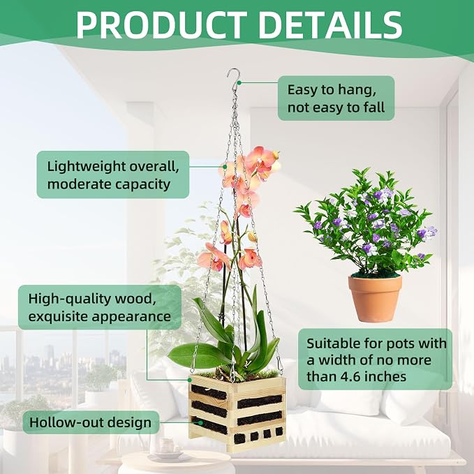 4 Sets Wooden Orchid Wall Planters Wood Orchid Hanging Planter with Hangers Wooden Plant Hanger Orchid Basket with Chain for Indoor or Outdoor Including 4 Adjustable Mats (4+6+8+10inch)