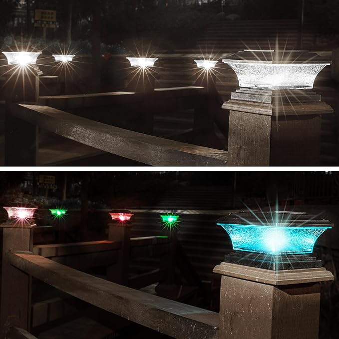 HUYIENO Solar Post Cap Lights - Outdoor LED Deck Fence Cap Light with 9 Light Modes, Bright White & 7 Color Fixed/Cycling Modes, Suitable for 4x4 & 5x5 Wooden Posts - Black, 2pk
