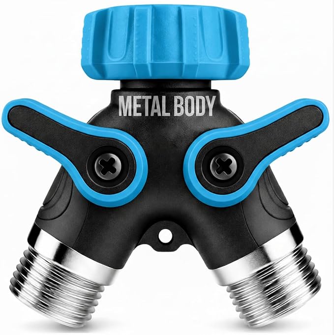2 Way Hose Splitter Heavy Duty - Metal Y Garden Hose Splitter with Shutoff Valves, Brass Outdoor Faucet Adapter for Spigot, 3/4 Inch GHT Water Hose Connector - Blue