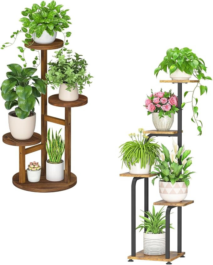 iDavosic.ly Tiered Plant Stand Indoor Set of 2, 4 Tier Corner Multiple Flower Holder Shelf with Wooden Trays & 3 Tier Front Porch Plant Stands for Outside