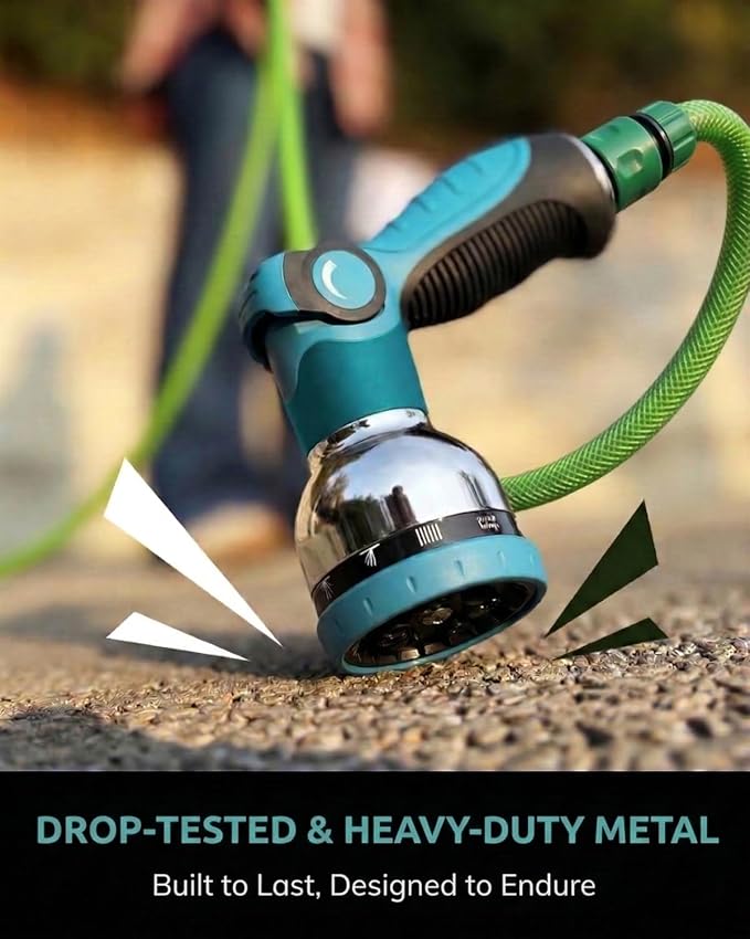 Garden Hose Nozzle Heavy Duty, Metal Water Hose Sprayer with 10 Adjustable Spray Patterns, Thumb Control On Off Valve, High Pressure Hose Nozzle for Watering, Cleaning, Car Washing - 2Pack
