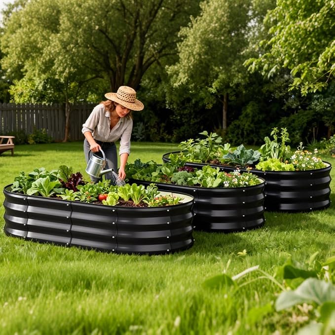 COMHOMA 3 Pack Raised Garden Bed 4x2x1ft,Galvanized Metal Planter Box Kit for Outdoor Gardening,Large Vegetable Flower Growing Beds with Gloves Tools,Black