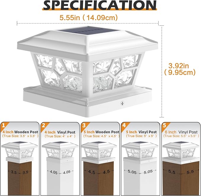 SIEDiNLAR Solar Post Lights Outdoor 6 Pack 4 Modes 40 LEDs Deck Fence Post Cap Light for 4x4 5x5 6x6 Vinyl/Wooden Posts Patio Decor, Warm/White Dynamic Lighting (White)