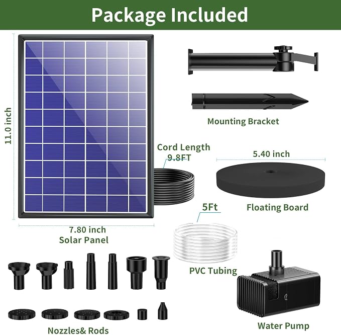 Antfraer 8W Solar Fountain Pump With 3600mAh Battery Backup, Solar Water fountain for Bird Bath with Double-Layer Nozzles & 5Ft PVC Tubing for Bird Bath Small Pond Waterfall DIY Features