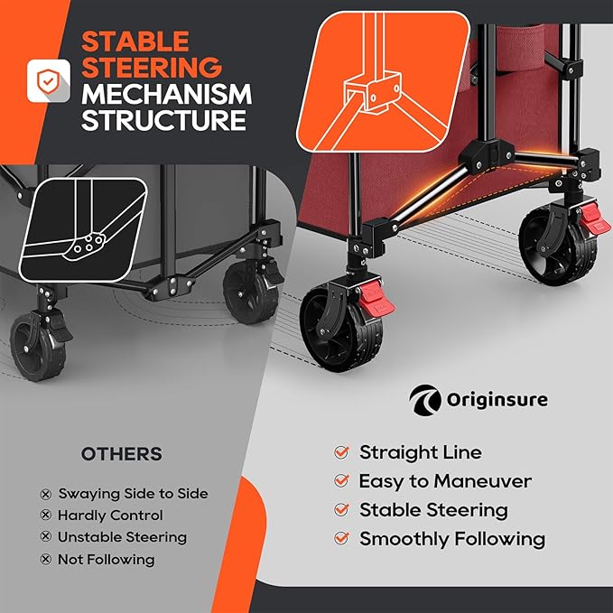 Originsure 220L Collapsible Wagon Cart Foldable, 38" L Extra Large Heavy Duty Folding Beach Wagons with All-Terrain Wheels, Utility Carts for Camping, Sports, Shopping, Groceries - Grey&Red