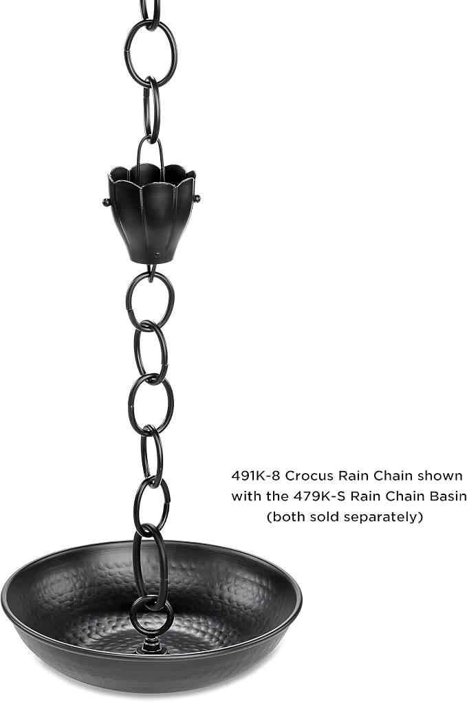 6 Cup Crocus Black Aluminum 8.5 ft. Rain Chain with Gutter Installation Clip by Good Directions