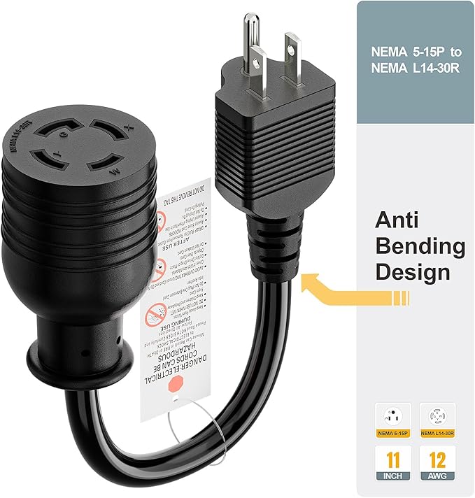 Nema 5-15P to L14-30R Power Adapter Cord, Household 15Amp to Generator Lock in 30Amp Adapter Cord, STW 12AWG Length= 1Foot
