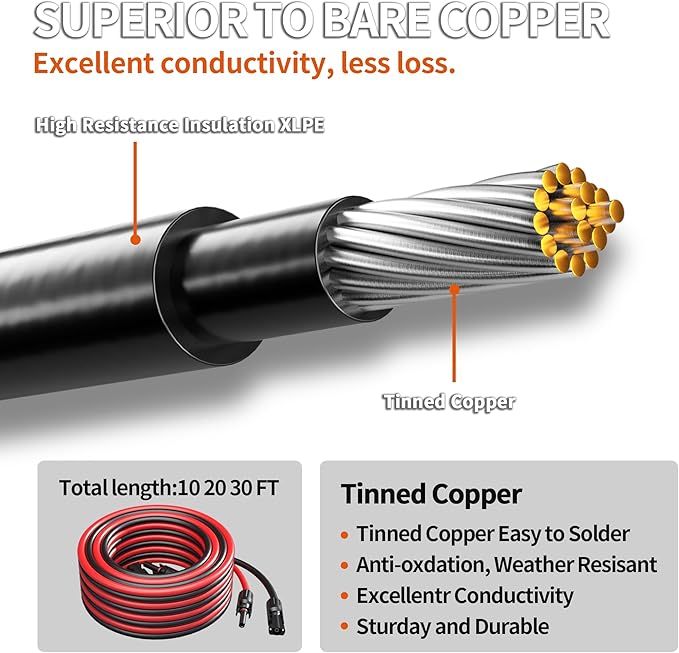 energeaster 10AWG Solar Cable with Pair of Connectors Solar Panel Adaptor Kit Tool, Extension Cable,10 Gauge Wire,Red and Black(20FT Red + 20FT Black)