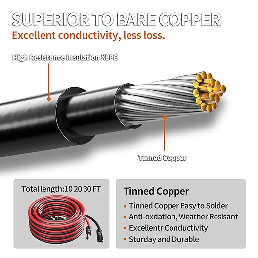 energeaster 10AWG Solar Extension Cable with Pair of Connectors Solar Panel Adaptor Kit Tool, Solar Panel Extension Cable,10 Gauge Wire,Red and Black(30FT Red + 30FT Black)