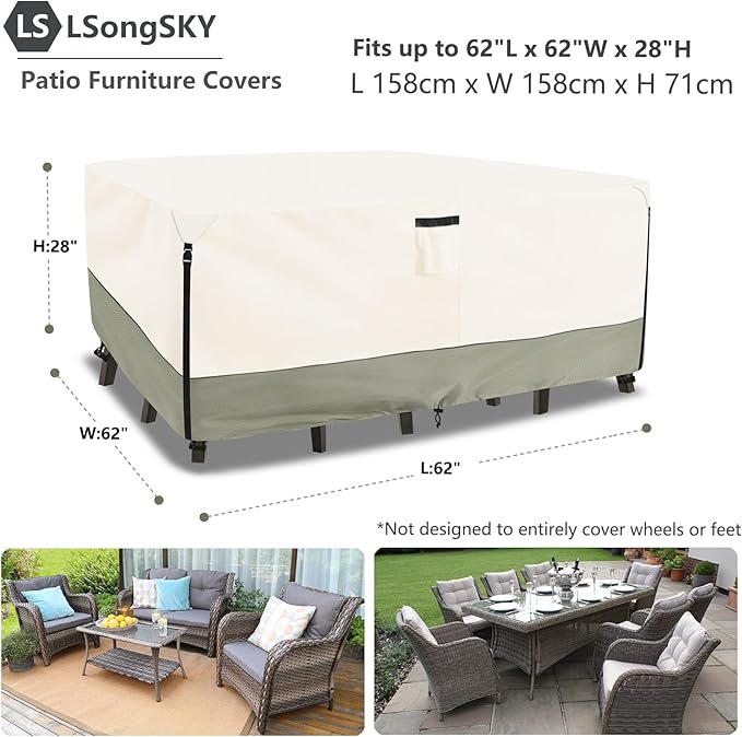 Outdoor Furniture Covers Waterproof,600D Heavy Duty Outdoor Dining Table and Chairs General Purpose Furniture Cover,Square Patio Table Covers 62L x 62W x 28H inch Beige