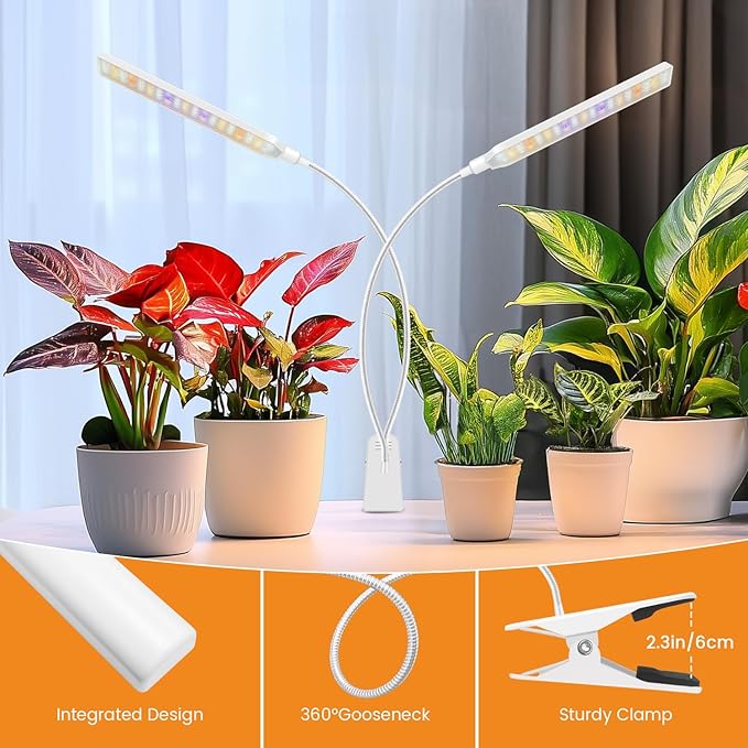 Kullinss White Grow Light, 2-Head Clip On Grow Lights for Indoor Plants with 6/12/16H Timer, 3 Color Modes, 5 Dimmable Levels, 114 LEDs Full Spectrum Plant Lights for Indoor Plants, Herbs, Seedlings