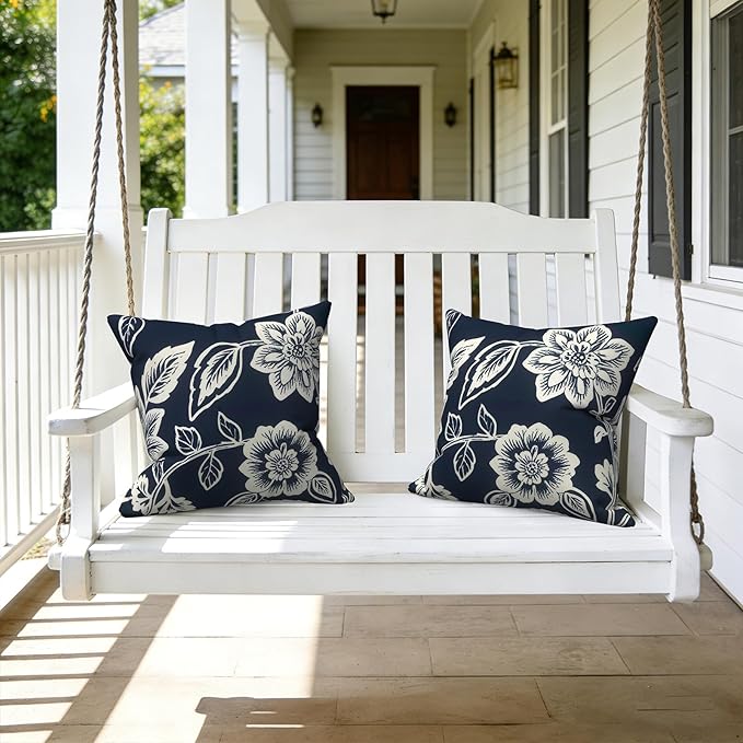 LVTXIII 2 Pack Outdoor Throw Pillow Covers for Patio Furniture, 16x16 Inch Square Pillow Case, Water-Repellent Cushion Covers for Garden, Porch, Sofa, Elegant Vines Navy