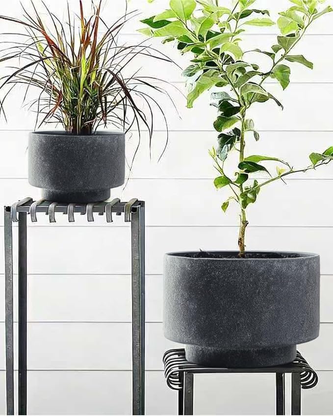 Succulent Pots, 8 Inch + 6 Inch Plant Pots for Plants with Drainage Hole, Indoor Outdoor Ceramic Planter, Set of 2 Round Flower Pots for Succulent and Plants, Black