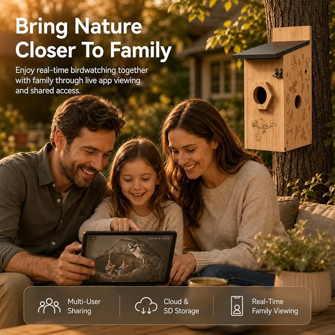 Smart Bird House with Camera, Wooden Birdhouse for Outdoor Bird Watching, App Live View, Color Night Vision, Motion Detection, 2-Way Audio, Waterproof Backyard Bird Nesting Box