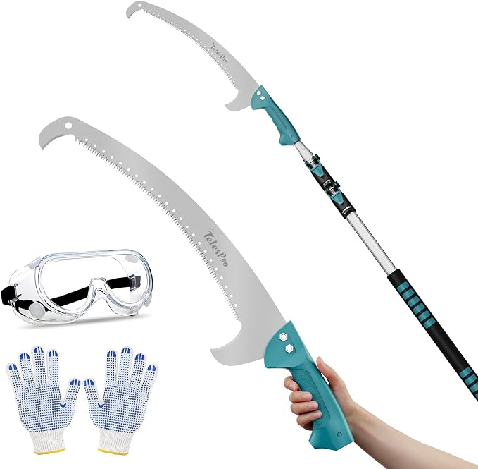 TelesPro Extendable Tree Trimmer: Manual Pole Saw | 5-12ft Telescoping Pruning Pole for Tree Trimming | Saw Attachment, Safety Goggles, and Gloves Included | Trim Branches up to 2" Diameter