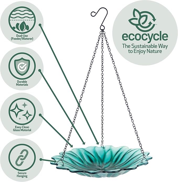 11" Recycled Glass Hanging Combination Bird Feeder and Bath for Wild Birds and Outdoor Décor, 0.625 Quart Capacity, Turquoise Dahlia Floral Design, Hanging Chains Included