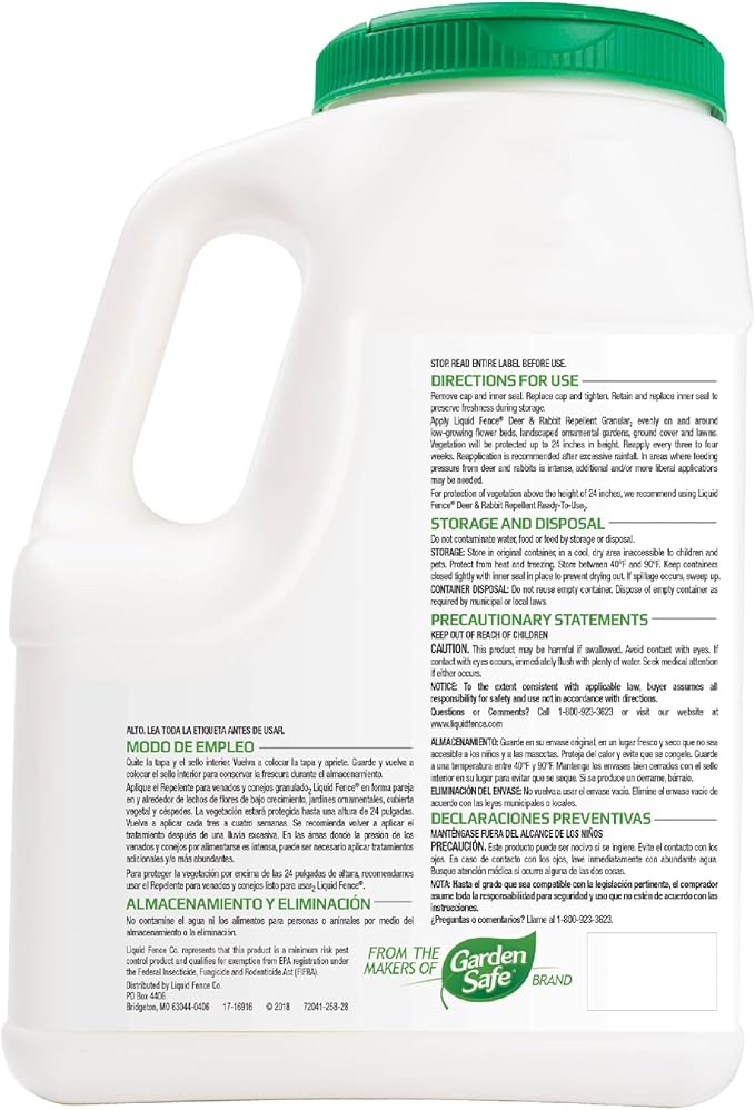 Liquid Fence Deer And Rabbit Repellent Granular 5 Pounds, Harmless To Plants And Animals