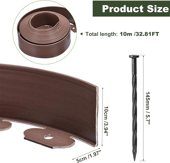 uxcell Landscape Edging, 1Pcs 33FT x 4" - Garden Edging Kit with 30 Stakes, Landscape Edging Border for Garden Lawn Flower Bed Yard Grass (Coffee)