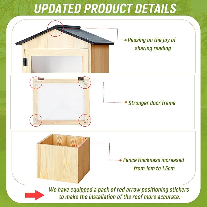 Wonderjune Little Library Box Outdoor, Durable Weatherproof Solid Wood Book Exchange Box with Floor Plugs and Small Flower Fence for Community, Literature, School Sharing Book(Natural Wood,Steepletop)