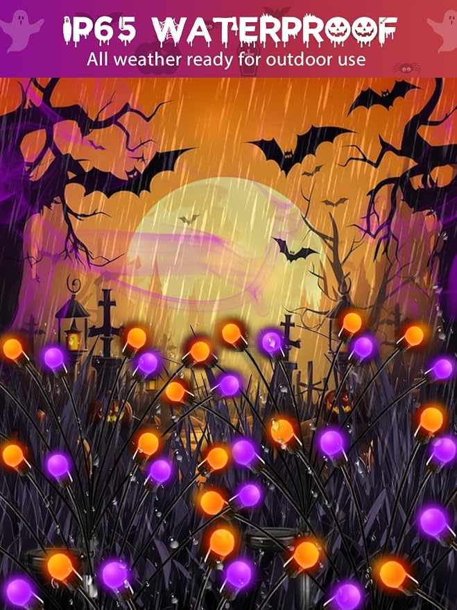 Halloween Decororations Outdoor Solar Firefly Lights 6 Pack Orange Purple | 2 Lighting Modes, Auto On/Off, 48 LED Sway with Wind, Waterproof Halloween Cpreepy Decor for Outside Graveyard Garden Pathway