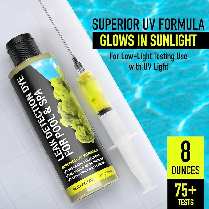 Pool Leak Detection Dye Kit - with 2 Precision Applicators - 75+ Tests - Superior Long Lasting UV Pool Dye Easily Locates Leaks - for All Pool, Spa, & Hot Tub Types - 8 OZ (Fluorescent Yellow)