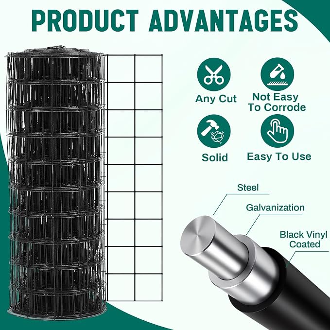 Gisafai 16 Gauge Galvanized Welded Wire Fence 4 ft x 50ft PVC Coated Hardware Cloth, 2.36" x 2.36" Mesh, Heavy Duty Garden Fencing Roll for Chicken, Dog Yard, Deer Cattle & Animal Protection(Black)