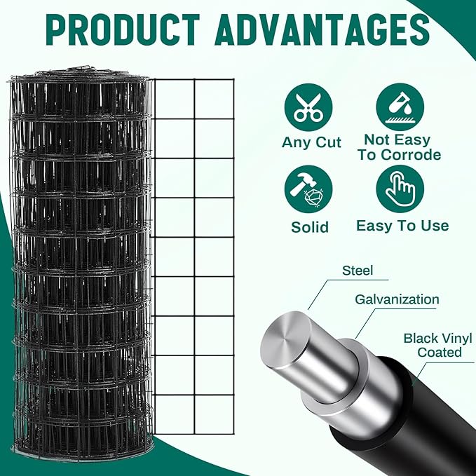 Gisafai 16 Gauge Galvanized Welded Wire Fence 3 ft x 100 ft PVC Coated Hardware Cloth, 2.36" x 2.36" Mesh, Heavy Duty Garden Fencing Roll for Chicken, Dog Yard, Deer Cattle & Animal Protection(Black)