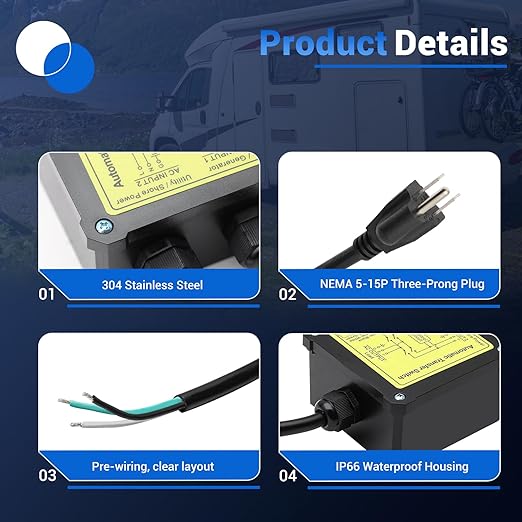 15 Amp Transfer Switch, Dual Power Automatic Transfer Switch, Relay ATS for RV Home Generator Inverter