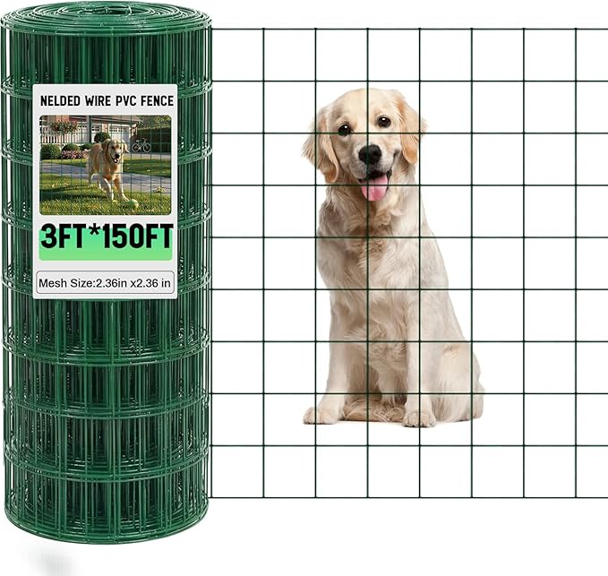 Gisafai 16 Gauge Galvanized Welded Wire Fence 3 ft x 150 ft PVC Coated Hardware Cloth, 2.36" x 2.36" Mesh, Heavy Duty Garden Fencing Roll for Yard Chicken Dog, Deer Cattle & Animal Protection(Green)