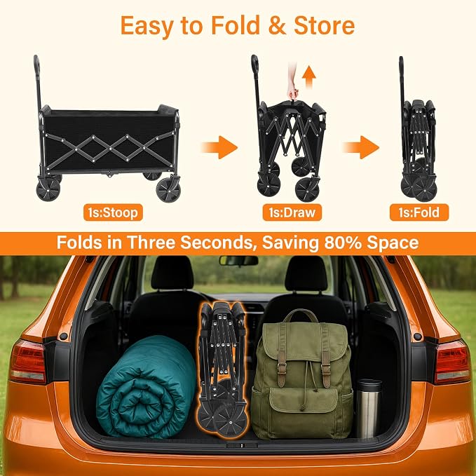 Wagons Carts Foldable, Collapsible Wagon, Folding Wagon Cart with Wheels, Wagons Carts Foldable 280 Lbs - Lightweight Portable Small Fold Up for Camping, Travel, Sports, Grocery, Shopping, Black