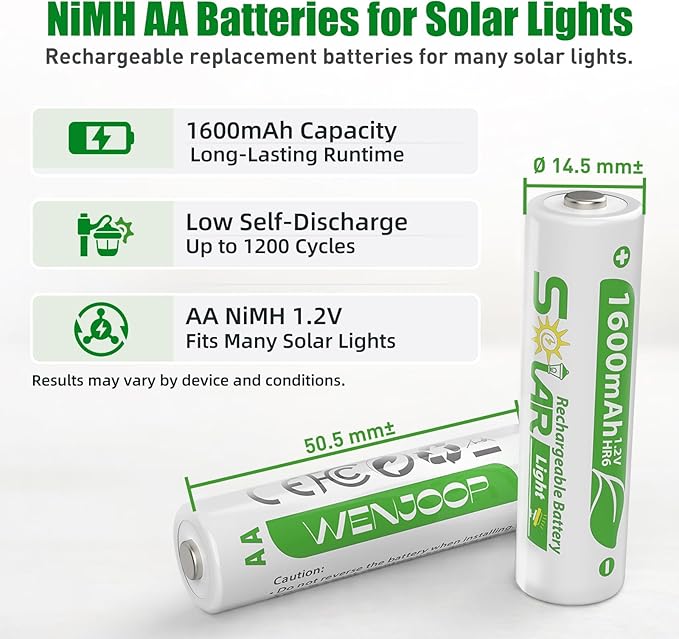 16 Pack AA Rechargeable Batteries for Solar Lights, NiMH 1.2V 1600mAh Precharged Low Self-Discharge, Replacement Batteries for Outdoor Garden Pathway Deck Fence String Lights