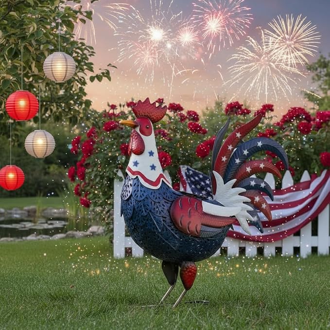 LIFFY Metal Rooster Yard Decor,18" Solar Patriotic Chicken Garden Statues Outdoor,4th of July Decorations with American Flag Decorative Ornament Outside for Home Patio Backyard Lawn