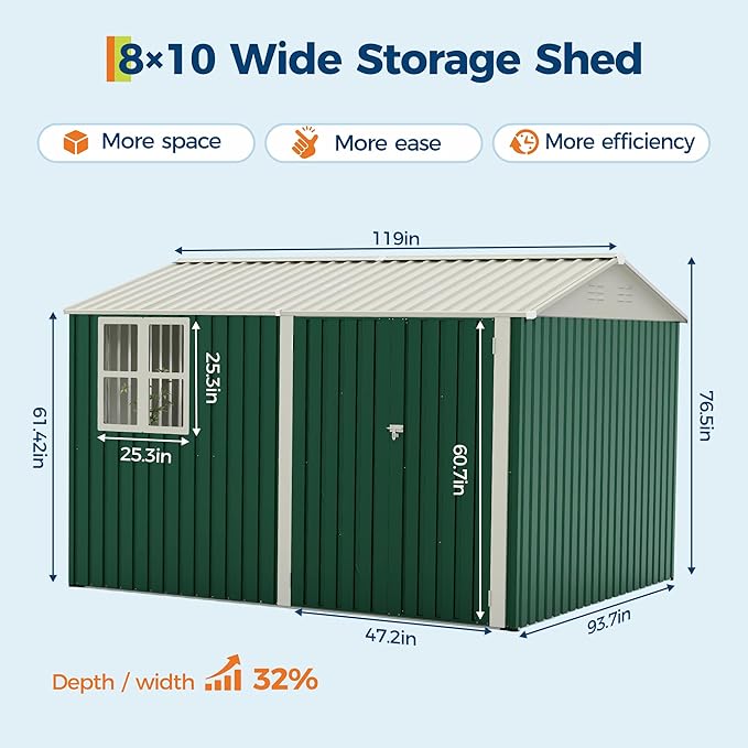 Garvee 10X8 FT Storage Shed with Cross Windows & Double Doors, 450 Cu Ft Large Outdoor Tool Shed, Garden Shed for Riding Mower, Bike, Lawn Equipment - All Weather Meta