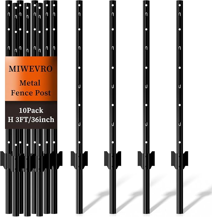 10 Pack Metal Garden Fence Posts 3 FT Black – Heavy Duty U-Post for Wire Fencing, No-Dig Fence Stakes for Temporary Fencing, Corner Anchor Posts, Rustproof Powder-Coated Steel for Farm, Yard & Garden