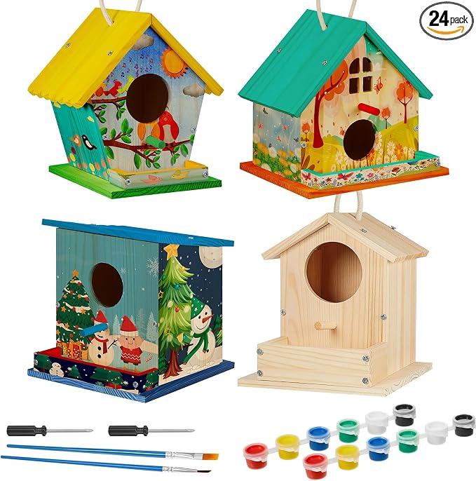 Liliful 24 Pack Birdhouse Crafts for Kids, Wooden Creative DIY Bird House Kits Arts and Crafts Set for Kids and Adults, Spring Birthday Gifts for Toddlers Ages (Seasonal Style)