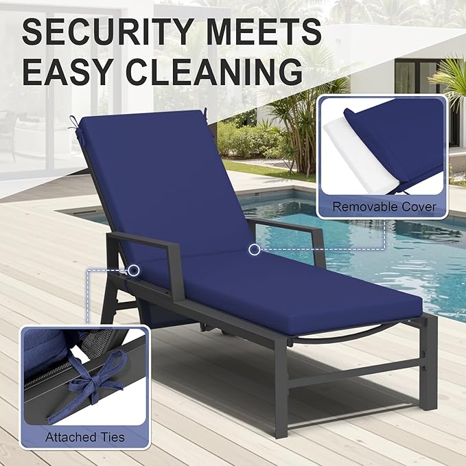 Crestlive Outdoor Chaise Lounge Cushions, 3 Years Fade Resistant Water Resistant Lounge Chair Cushion, 80''L x 23''W, Set of 2, Navy