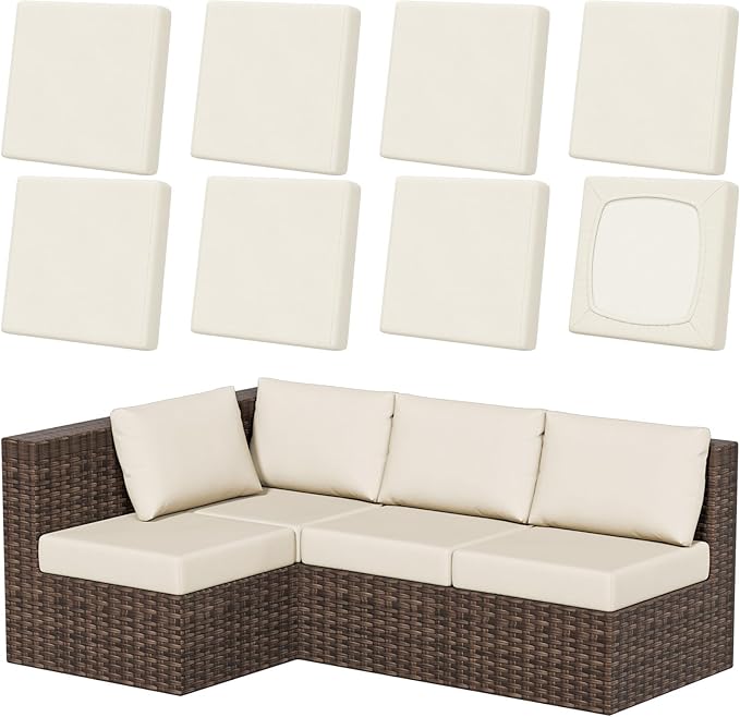 8Pcs Patio Stretch Cushion Covers, Outdoor Couch & Sofa Replacement Slipcovers for Patio Furniture Cushion Covers, Washable Reusable Furniture Protector, Square Large, Beige