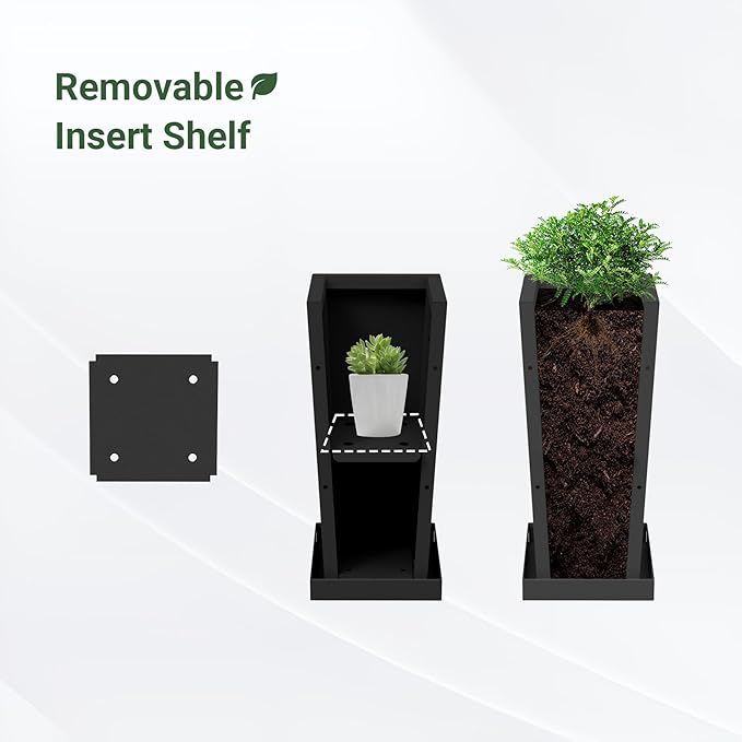 Metal Tall Outdoor Planters Set of 2, 18 inch Durable Tall Planters with Rust-Proof Coating & Drainage Insert Shelve & Trays, Black Outdoor Planters for Porch, Garden, Patio, Yard