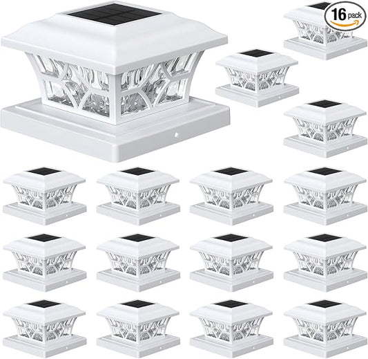 APONUO Solar Post Cap Lights 16 Pack with 1000mAh Battery - for 4x4 5x5 6x6 Fences, Larger Size & Longer Lasting, 2-Mode, IP64 Waterproof, for Deck Patio Yard (White)