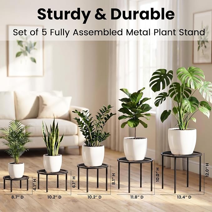 TOSKING 5-Pack Fully Assembled Heavy Duty Metal Plant Stands – Layered Indoor/Outdoor Display, Original Modern Geometric Flower Holder with Multiple Height Options, Rustproof, Adjustable Feet, 150-220 LBS Capacity, Sturdy & Durable for Outdoor, No Inst...