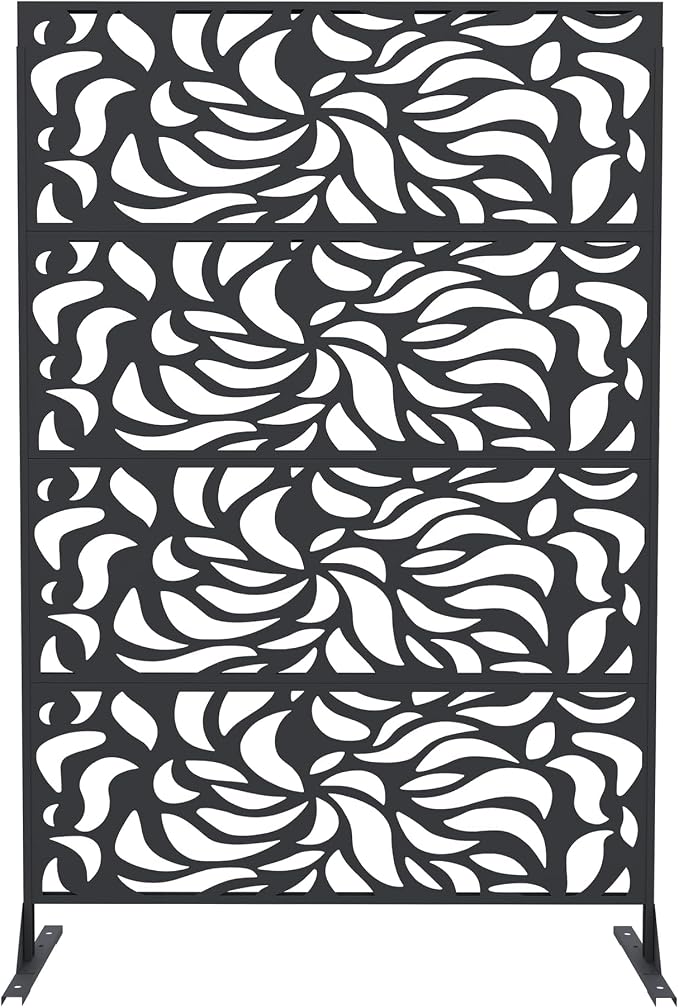 6FT Metal Privacy Screen Outdoor, Decorative Privacy Fence, Weather-Resistant Freestanding Panel with Stand, Durable Steel for Patio, Garden, Balcony, or Backyard, Flower